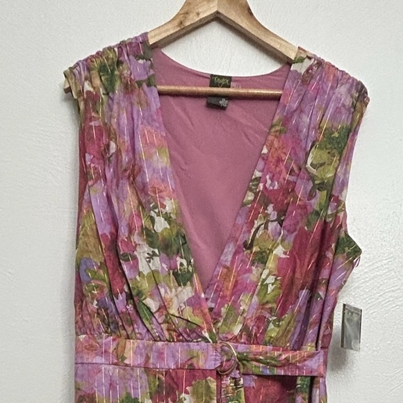 Taylor Pink Lilac Floral Sleeveless Maxi Wrap Dress Gold Metallic Stripe Size 16 - Picture 5 of 14